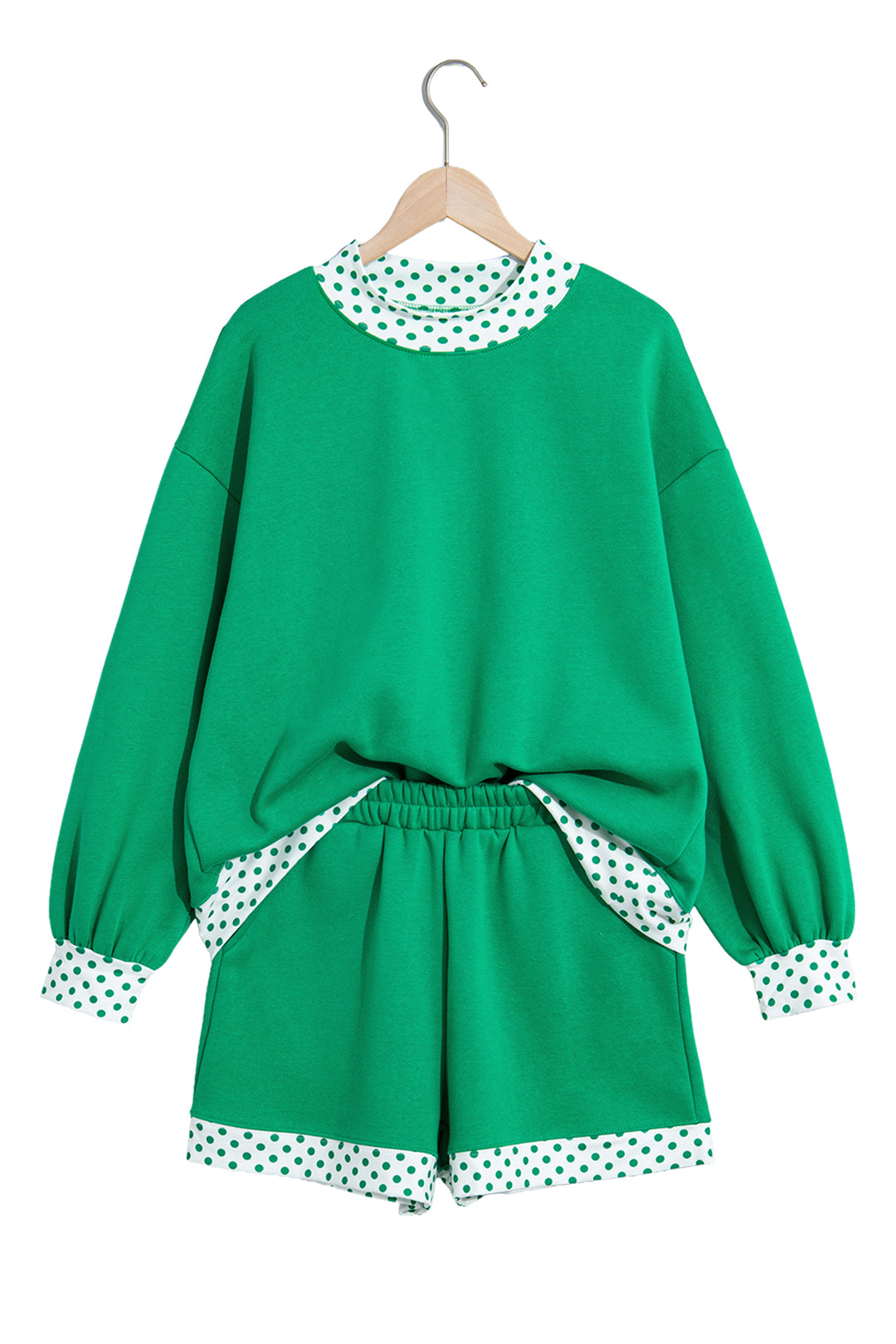 Bright Green Polka Dot Trim Baggy Pullover 2pcs Short Set