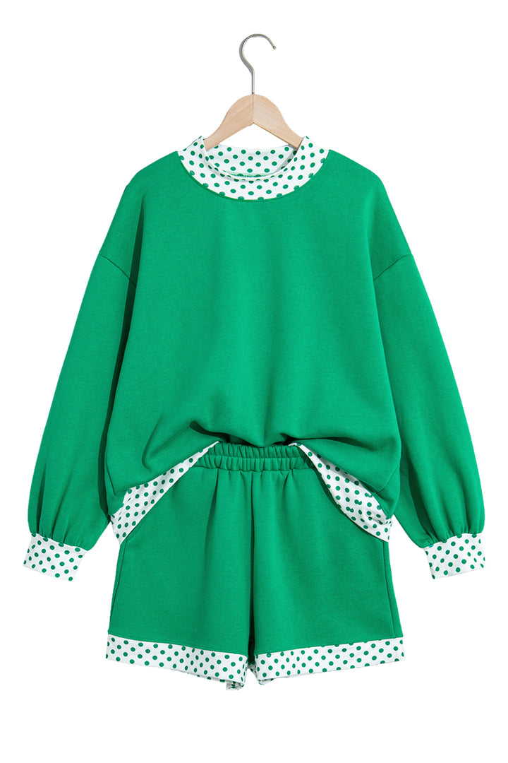 Bright Green Polka Dot Trim Baggy Pullover 2pcs Short Set