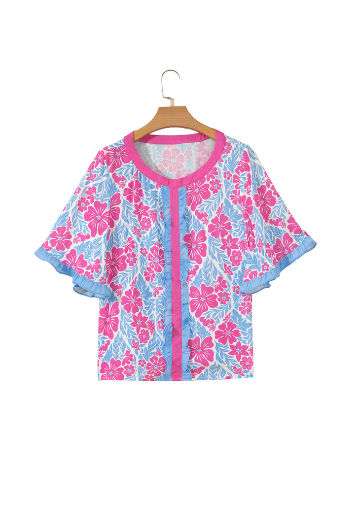 Rose Floral Print Ruffled Color Block Trim Half Sleeve Blouse