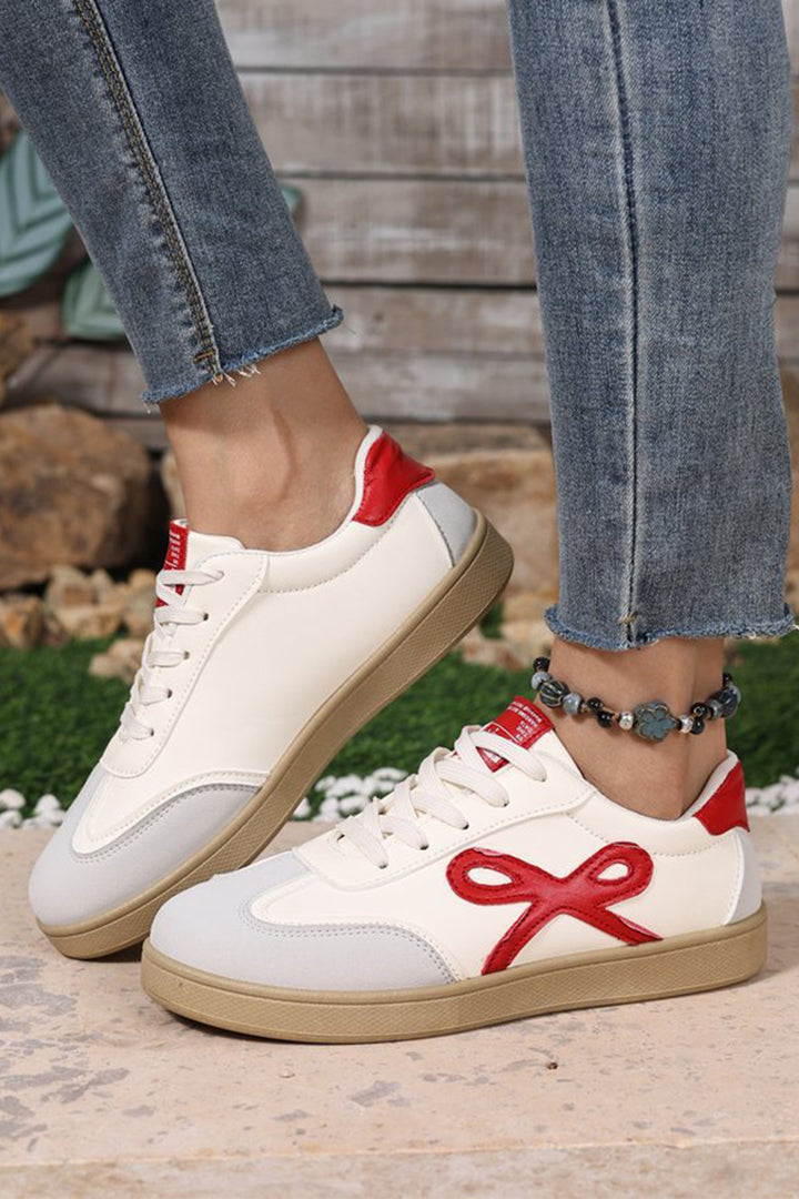 Cute Bow Patch Color Block PU Leather Sneakers