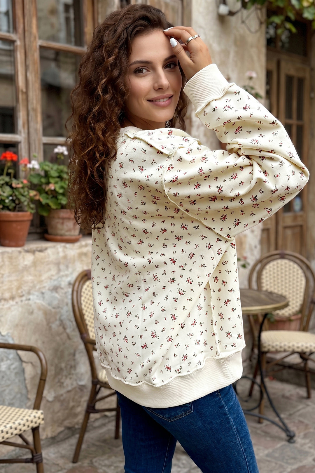 Beige Ribbed High Neck Floral Print Baggy Pullover Sweatshirt