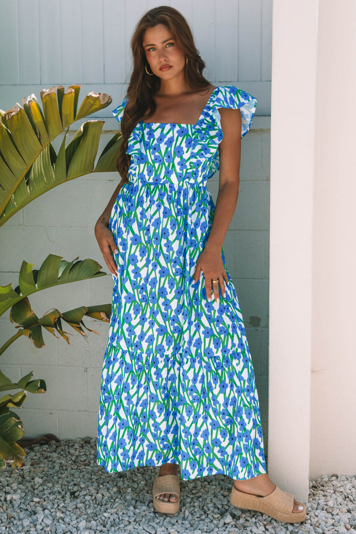 Floral Print Square Neck Ruffled Strap Maxi Dress
