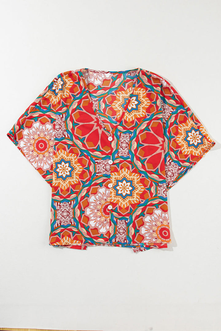 Floral Print Batwing Sleeve V Neck Blouse