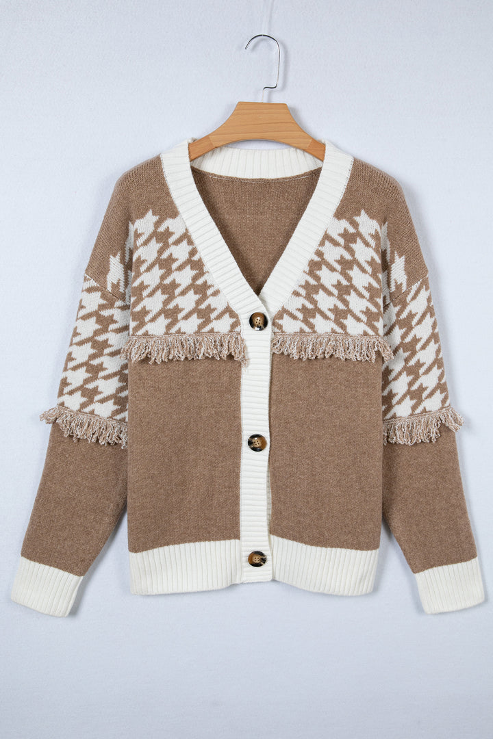 Khaki Houndstooth Color Block  Raw Edge Button Front Cardigan