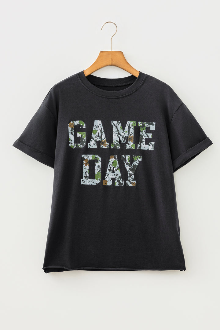 Black Game Day Camo Letter Print Round Neck Casual T Shirt