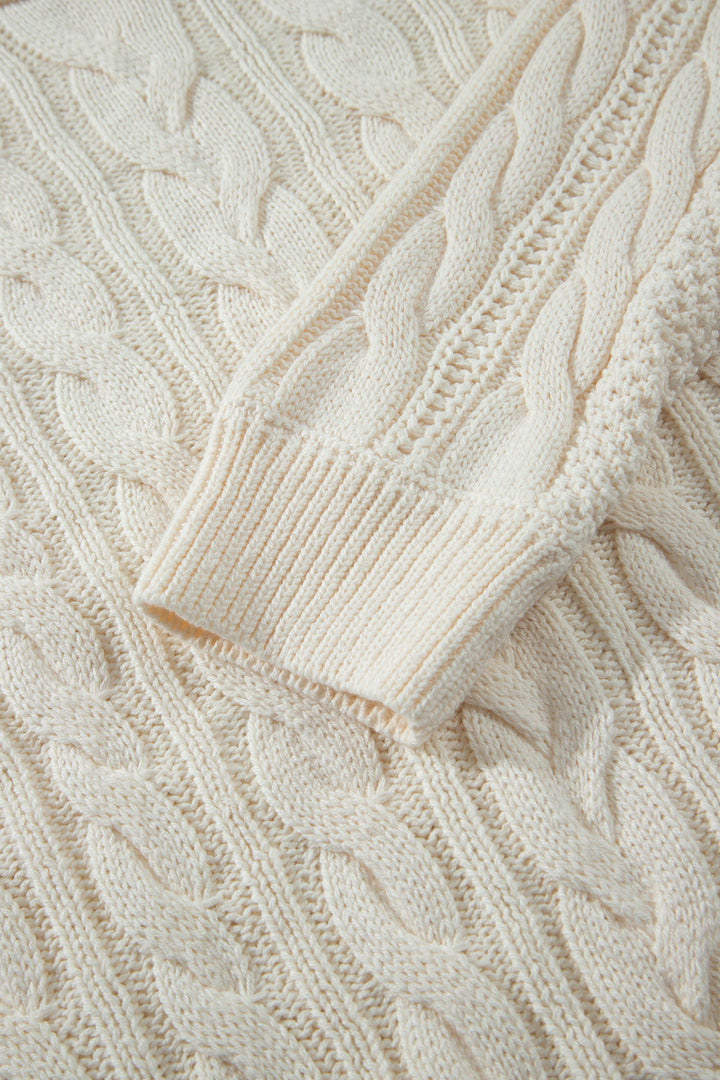 Beige Drop Shoulder Round Neck Cable Knit Sweater