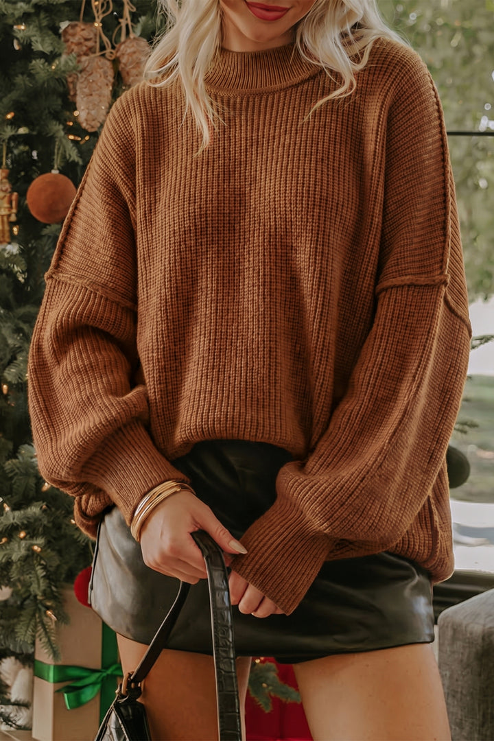 Chestnut Ribbed Knit Stand Neck Regular Fit Pullover Sweater