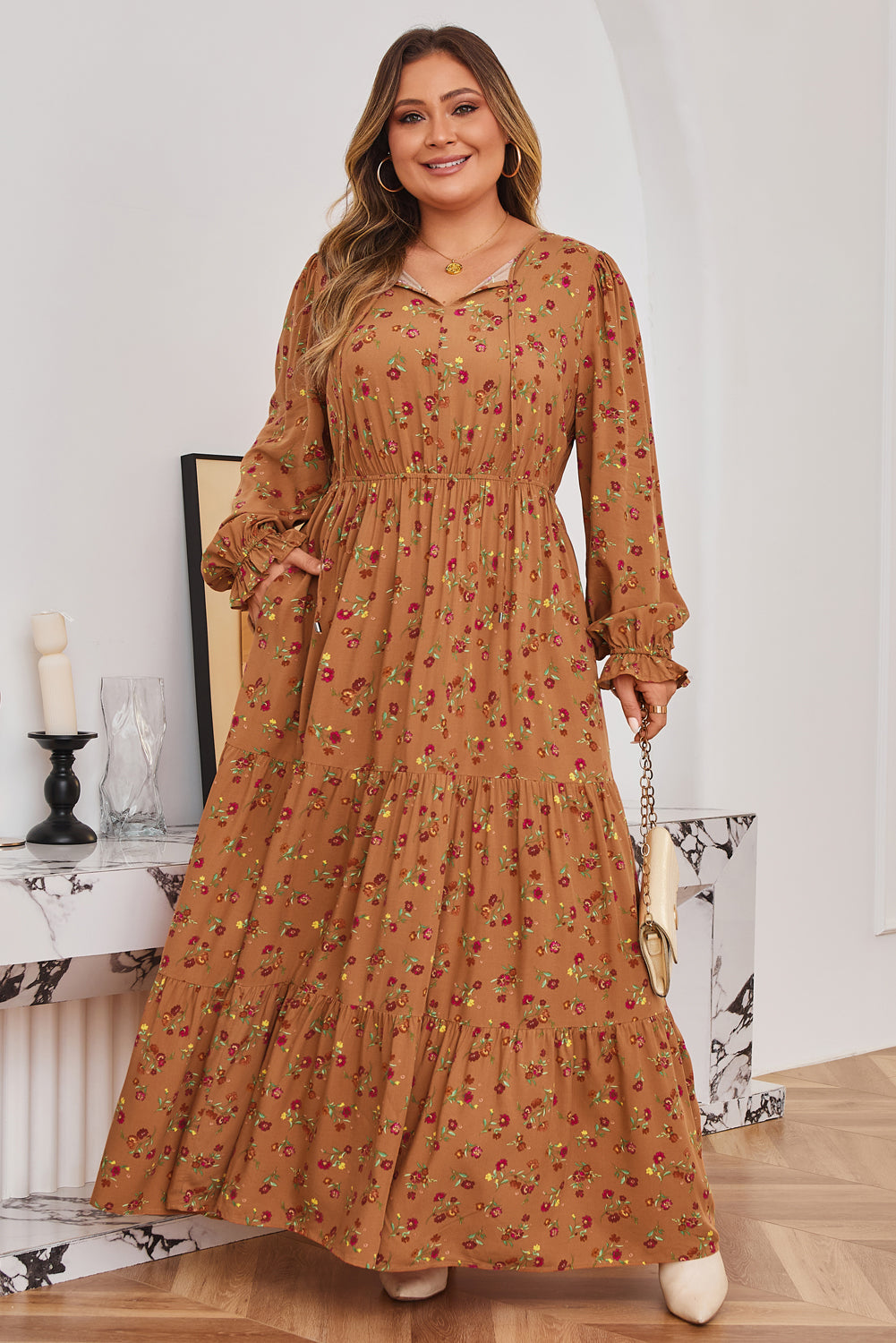 Brown Plus Size Floral Split V Neck Tiered Maxi Dress