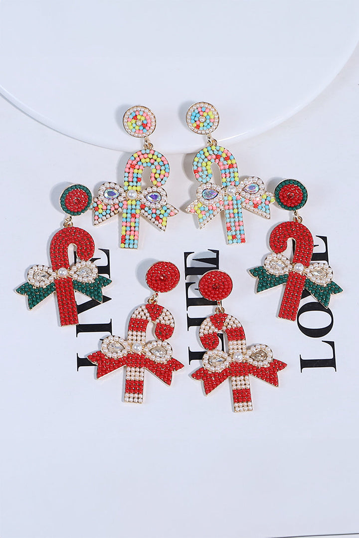 Christmas Candy Cane Pearl Beaded Dangle Earrings