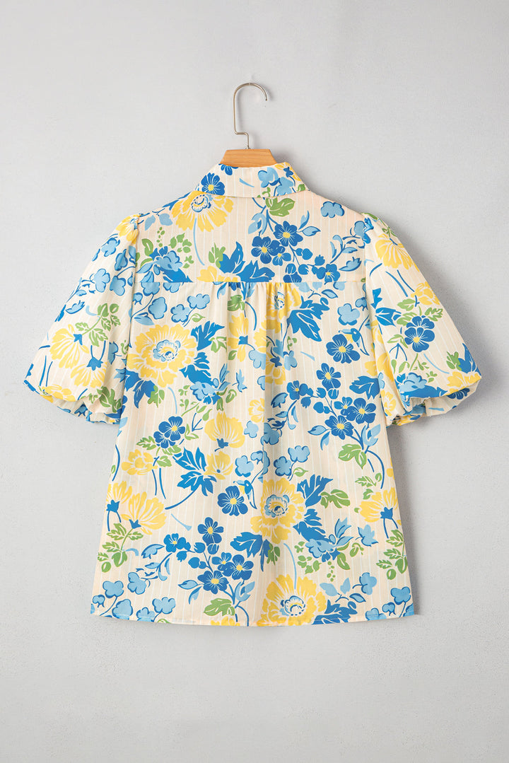 floral striped mixed print puff short sleeve blouse