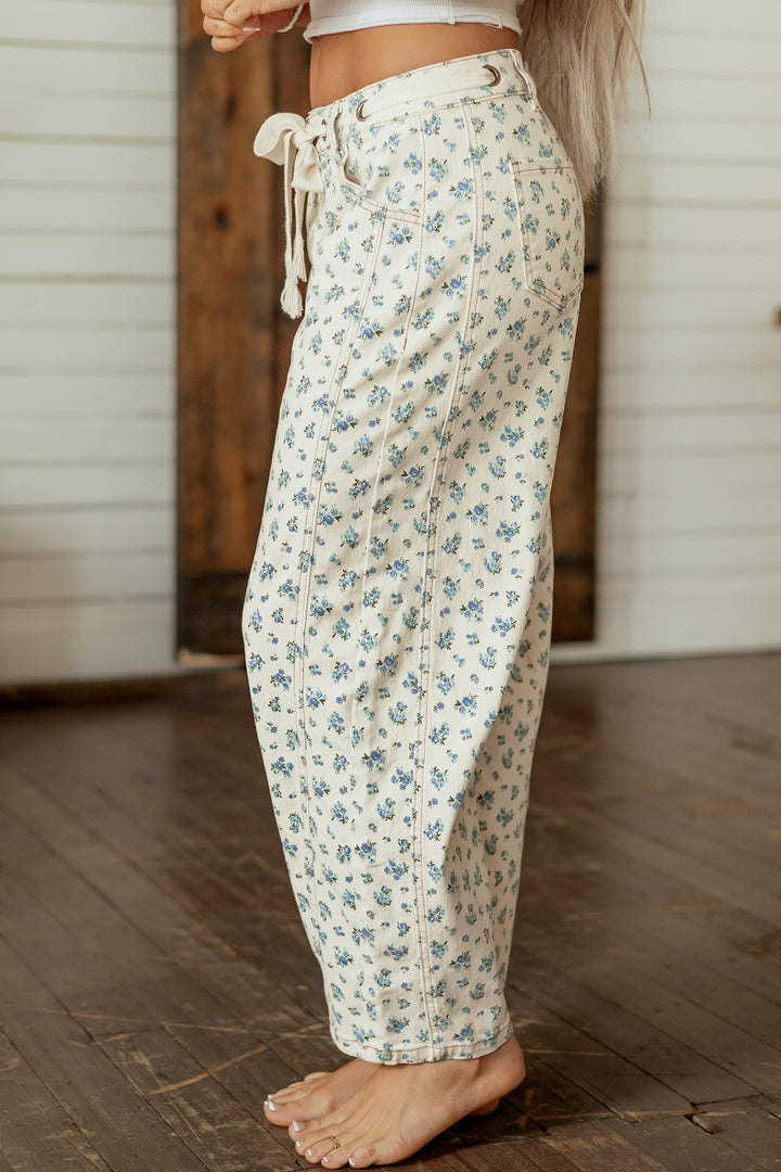 Beige Grommet Knot Waist Floral Barrel Leg Jeans