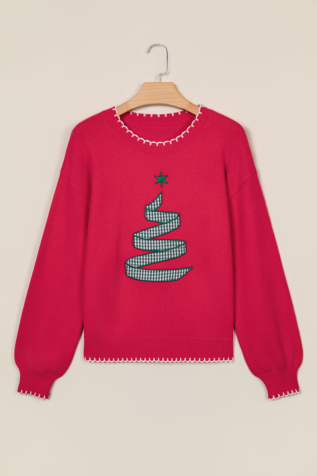 Racing Red Stitched Detail Christmas Tree Holiday Casual Sweater