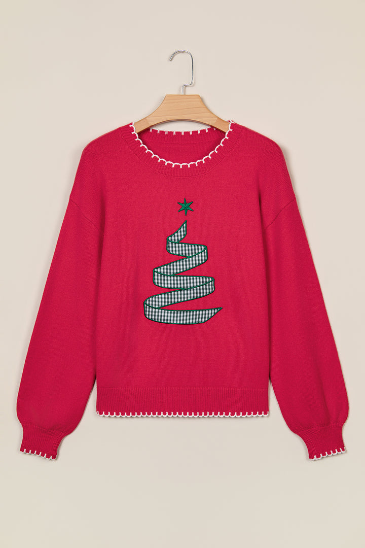 Racing Red Stitched Detail Christmas Tree Holiday Casual Sweater