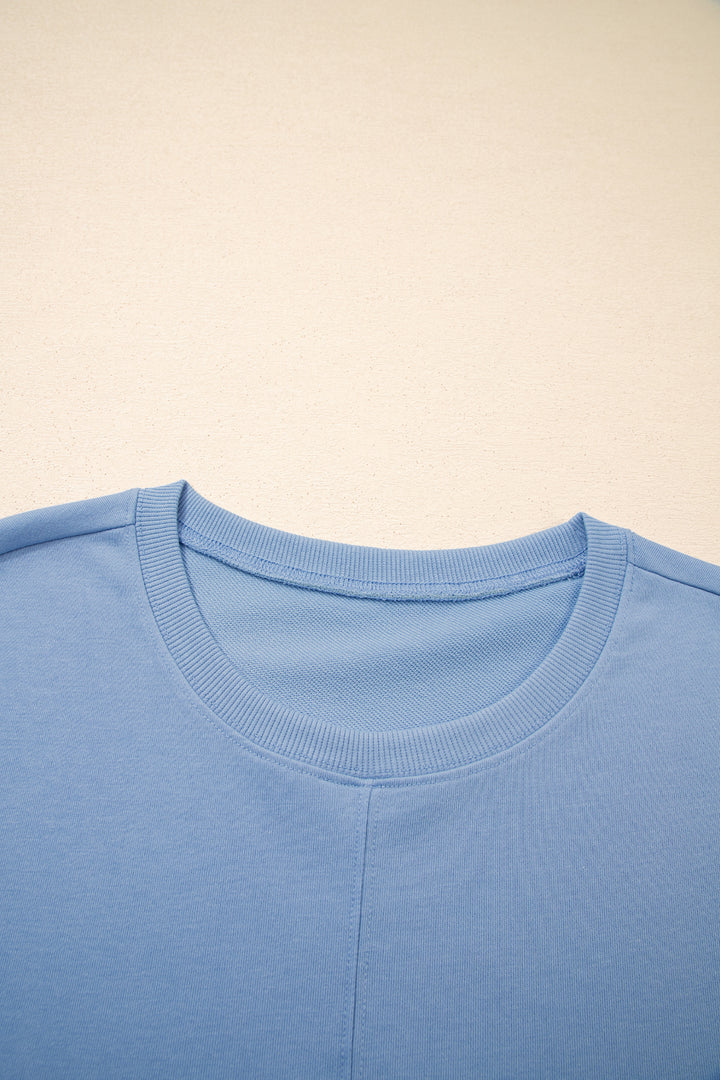 Sky Blue Solid Color Contrast Textured Patchwork Raw Edge 2pcs Short Set