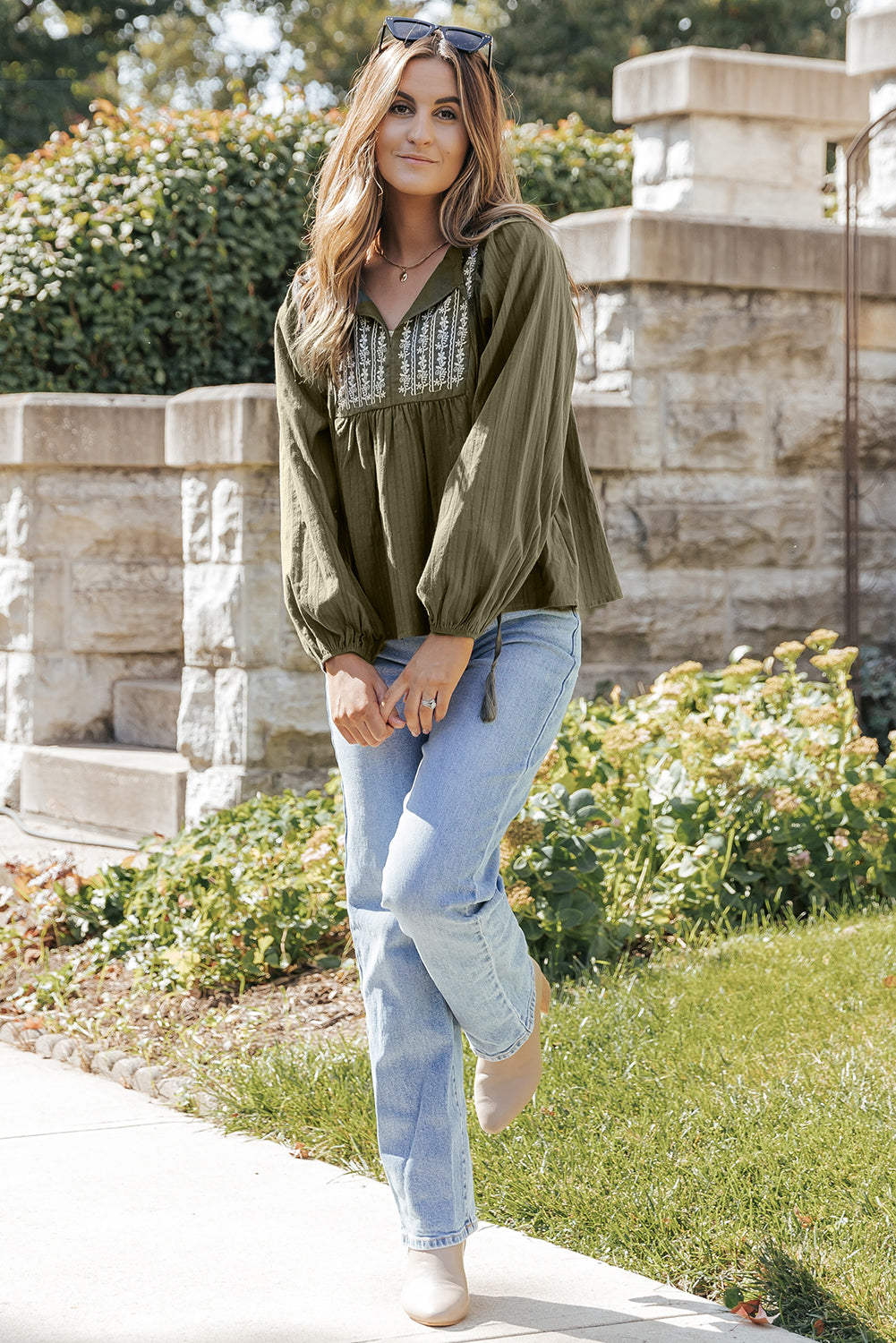 Embroidered Split Neck Pleated Loose Blouse