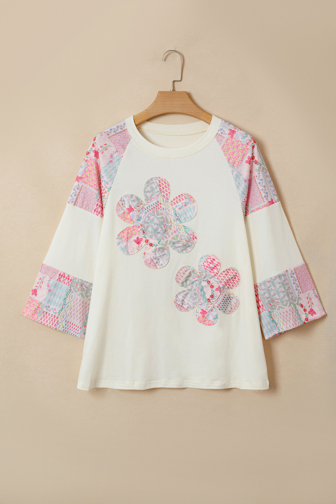 Beige Color Block Retro Floral Patchwork Long Sleeve Top