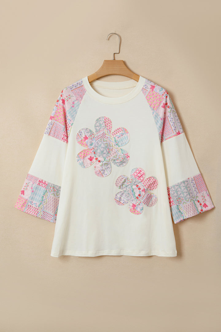 Beige Color Block Retro Floral Patchwork Long Sleeve Top