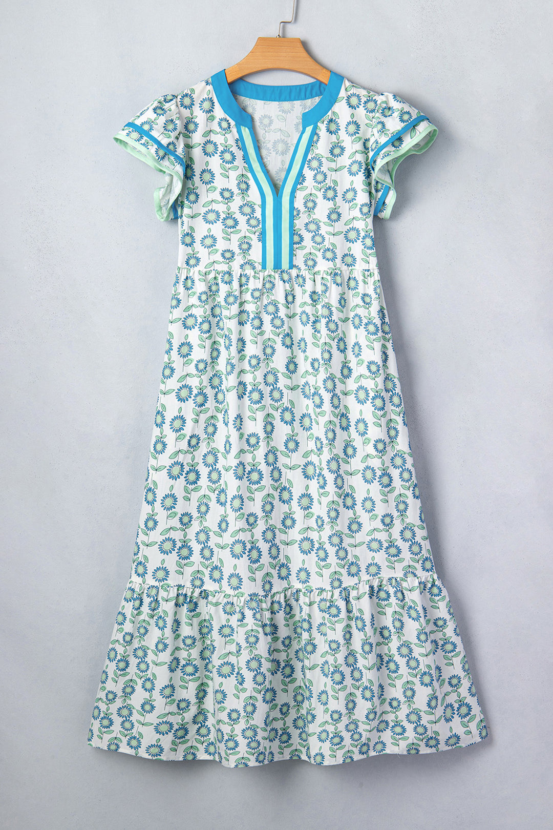 Sky Blue Cute Sunflower Printed Striped Long Dress