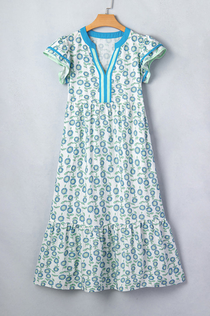 Sky Blue Cute Sunflower Printed Striped Long Dress
