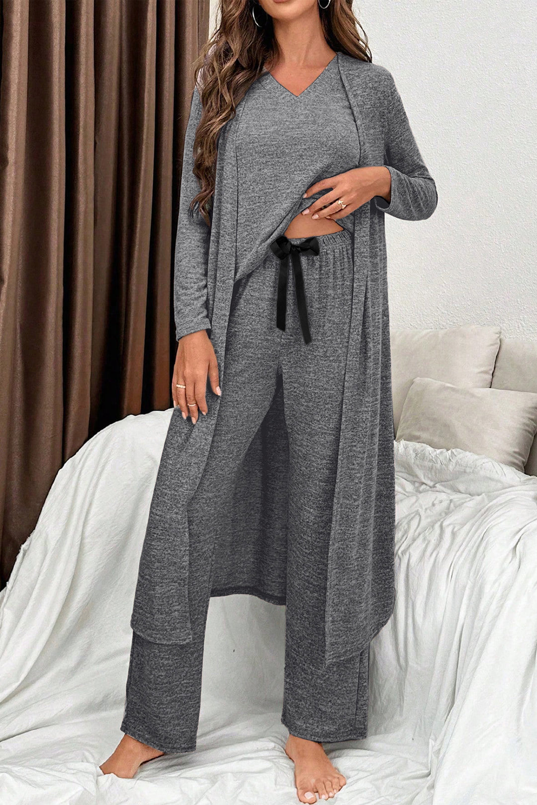 Dark Grey 3pcs V Neck T Shirt Ribbon Knot Pants Open Duster 3pcs Lounge Set