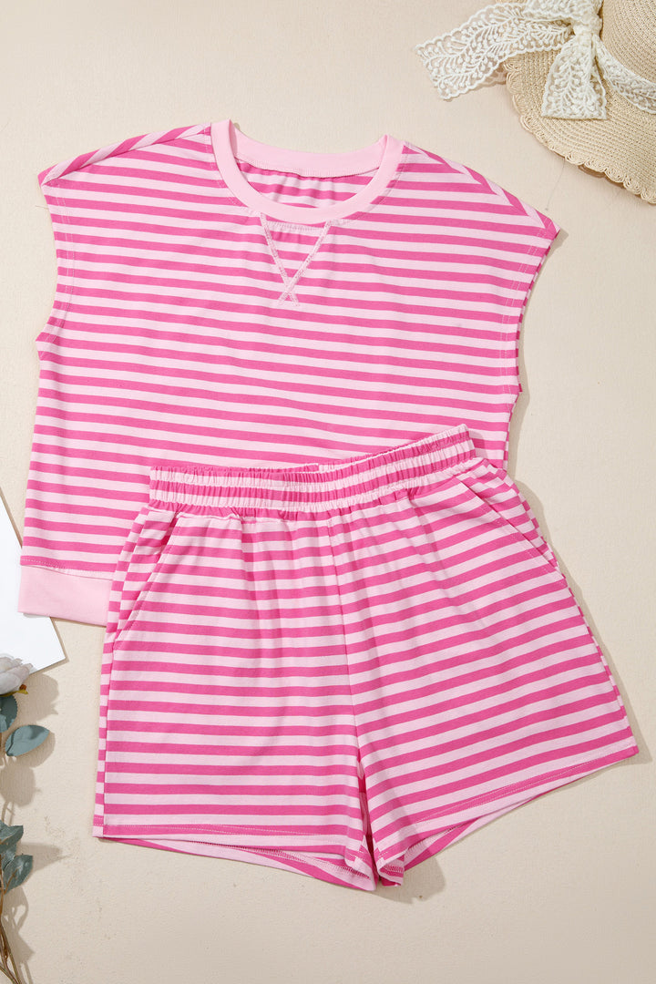 Pink Stripe Cap Sleeve Tee Elastic Waist Shorts 2pcs Outfit