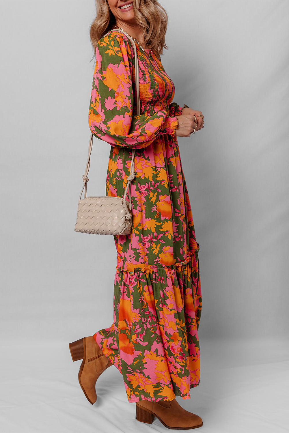 Floral Puff Sleeve Smocked Bodice Ruffled Long Dress