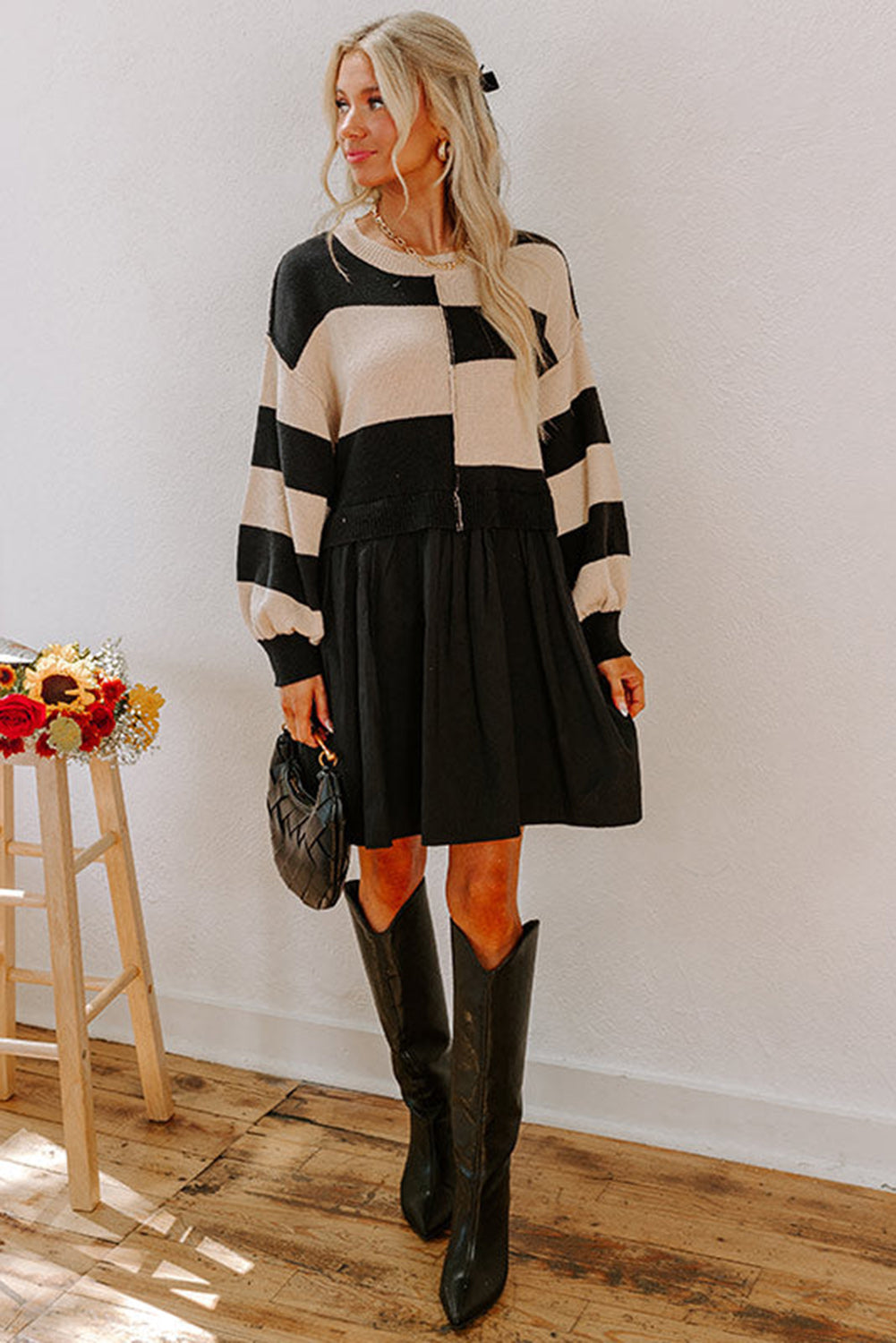 Black Stripe Two in One Knitted Top Splicing Hem Sweater Dress