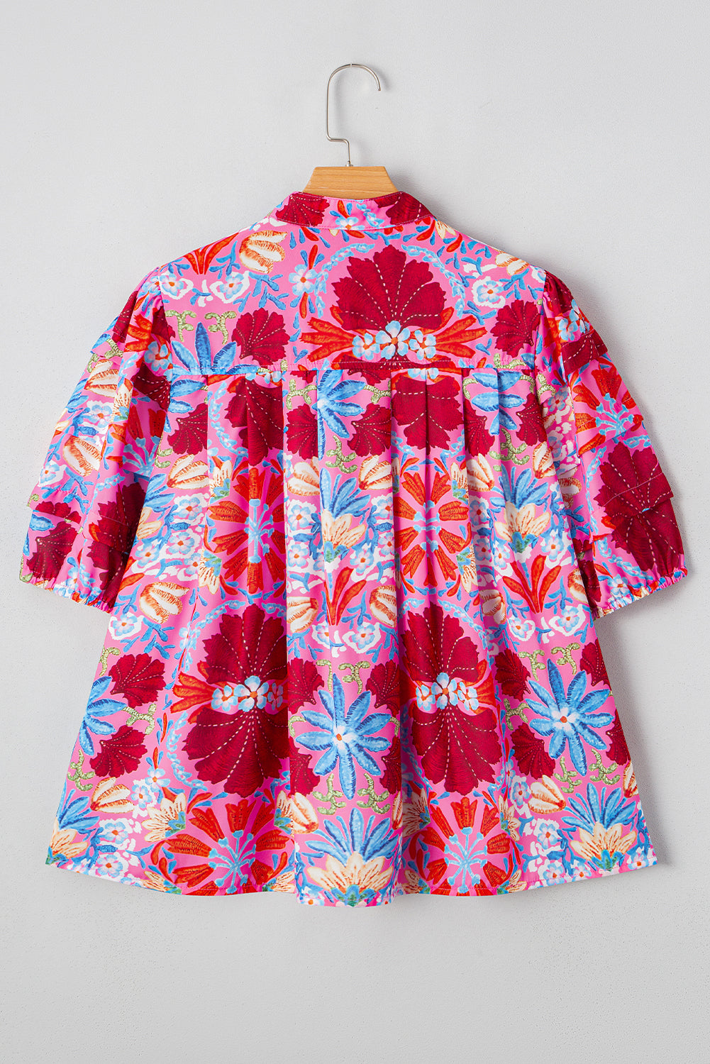 Floral Print Bubble Sleeve Button Up Pleated Shirt