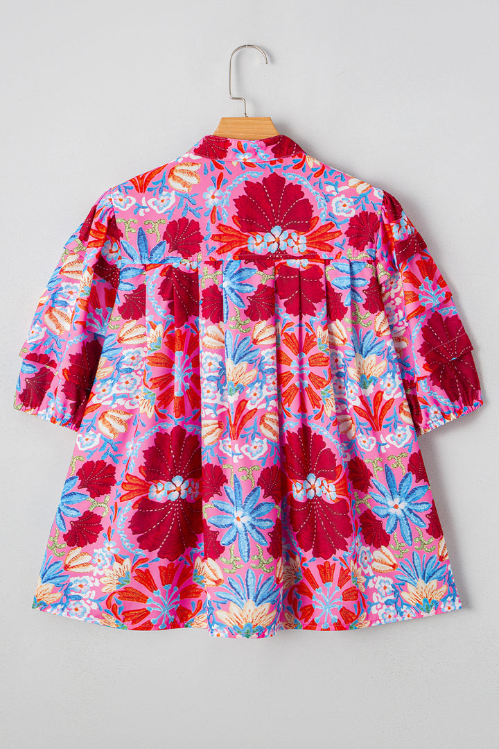 Floral Print Bubble Sleeve Button Up Pleated Shirt