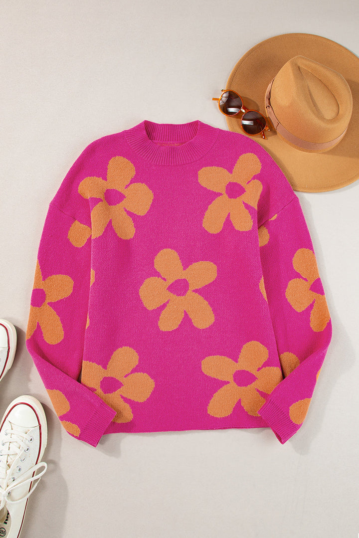 Big Flower Pattern Mock Neck Long Sleeve Sweater