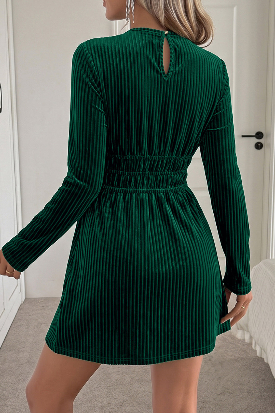 Evergreen Ribbed Velvet Keyhole Long Sleeve Mini Dress