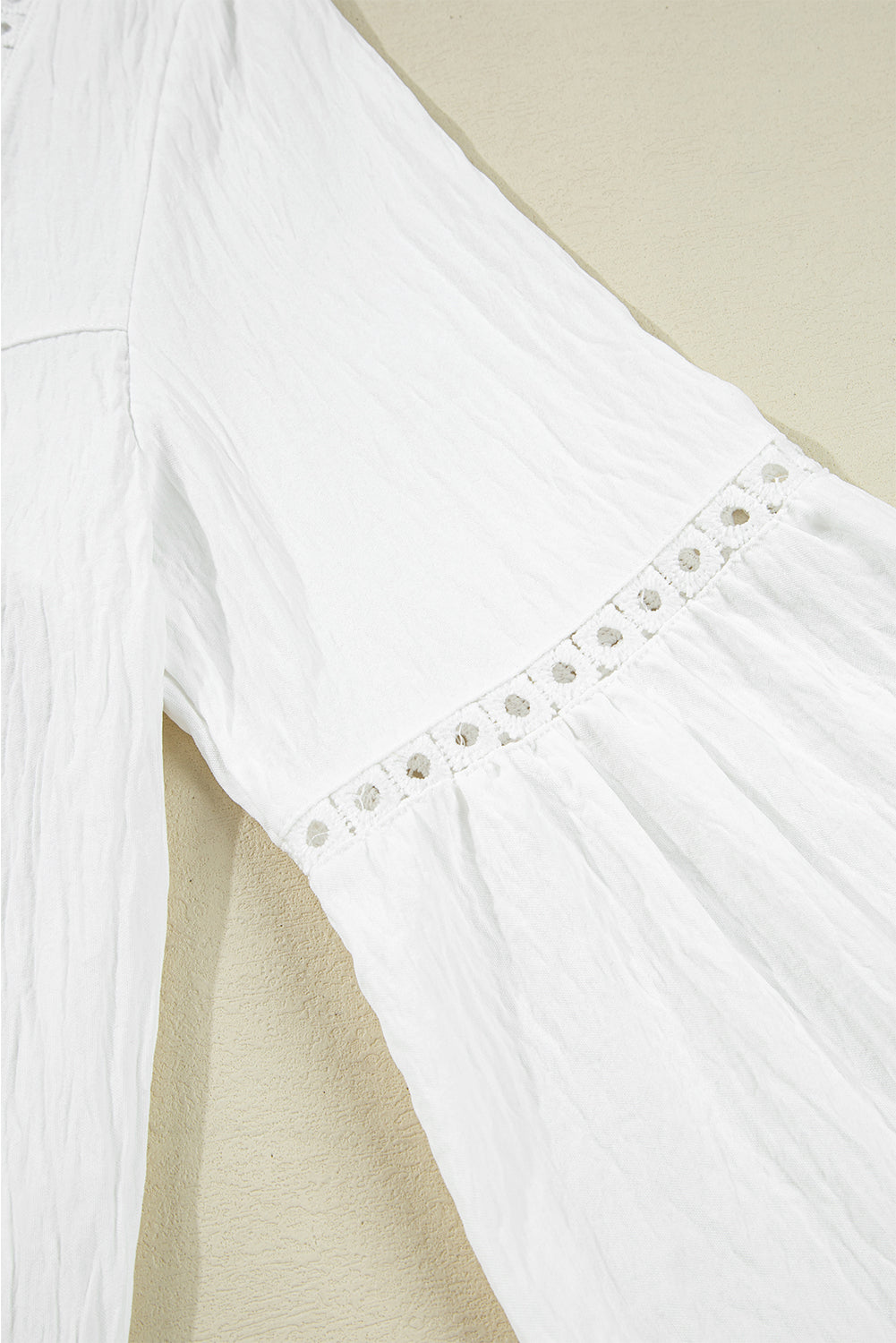 White Drawstring Lace Detail Puff Sleeve Split Neck Spring Fall Blouse