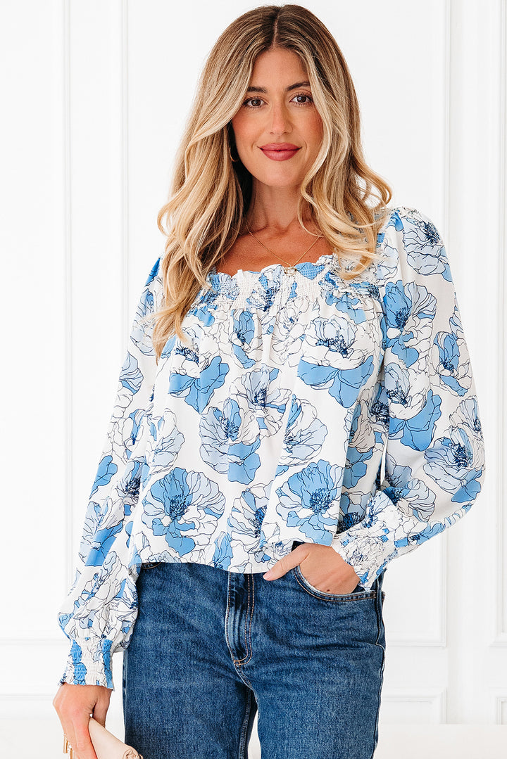 Floral Print Frilly Smocked Square Neck Long Sleeve Blouse