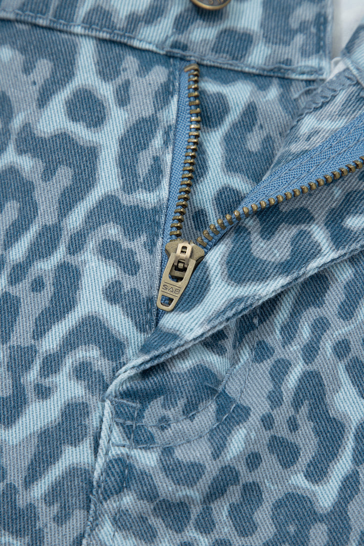 Sky Blue Leopard Frayed Edge Wide Leg High Waist Jeans