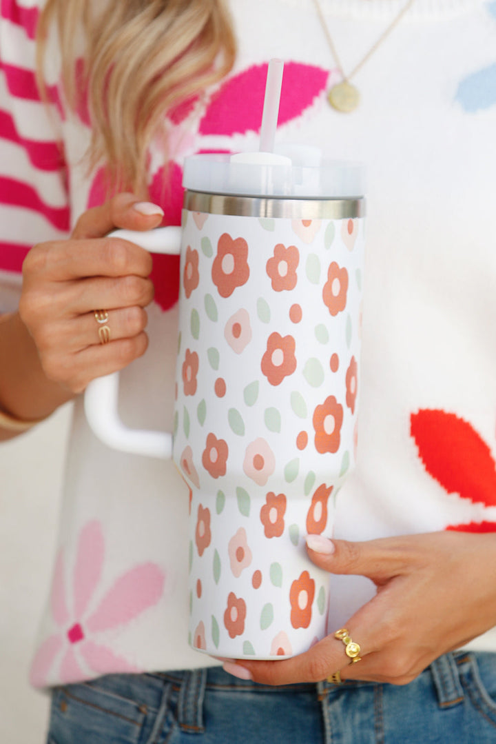 Großer tragbarer Edelstahlbecher mit Blumen- und Blätterdruck, 40 oz