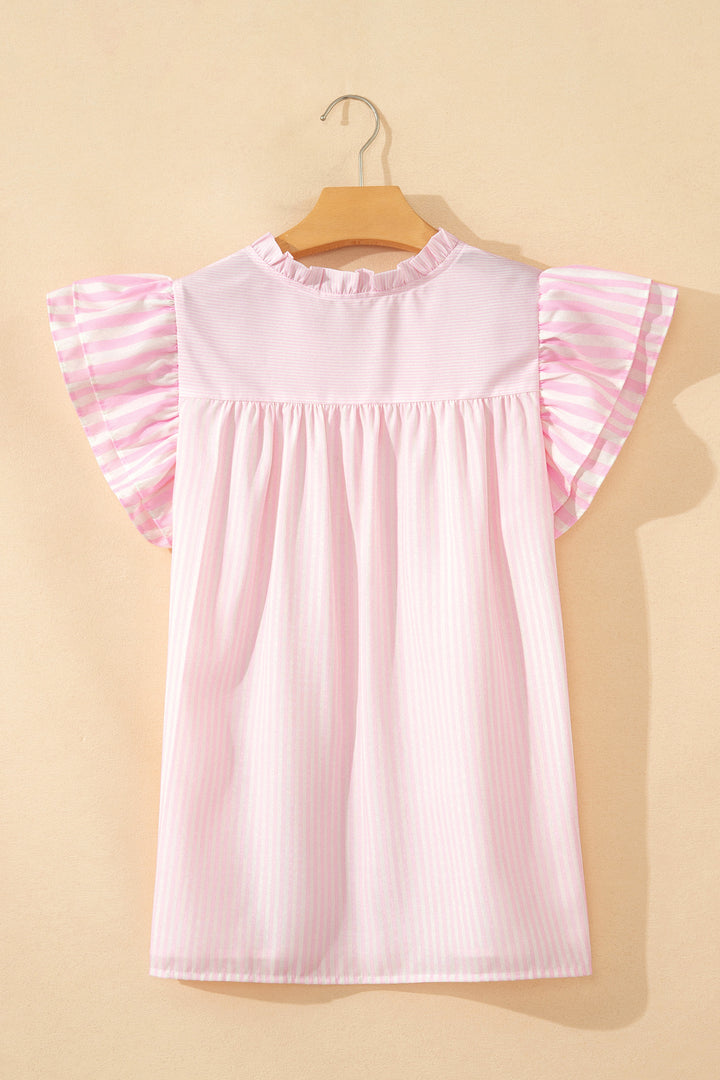 Pink Stripe Contrast Trim V Neck Flutter Sleeve Blouse