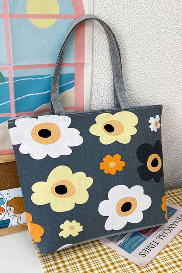 Flower Print Canvas Zipper Large Tote Bag