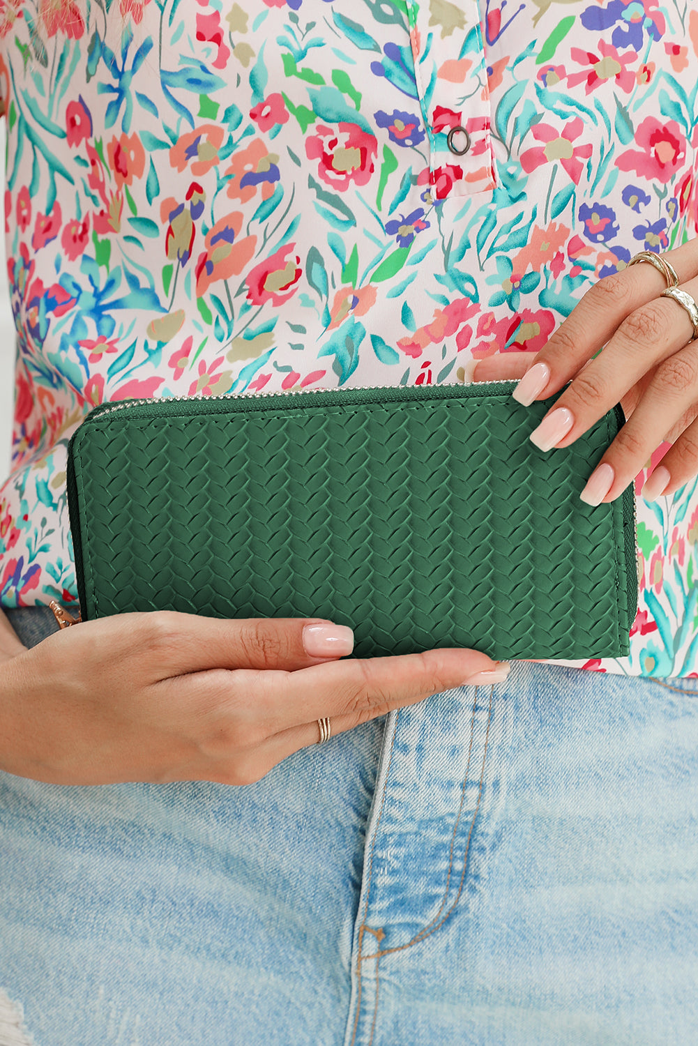 Woven Textured Zip Around Long Wallet