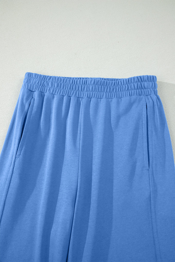 Sky Blue Solid Cover Oversize Tee Pocketed Casual Pants 2pcs Outfit