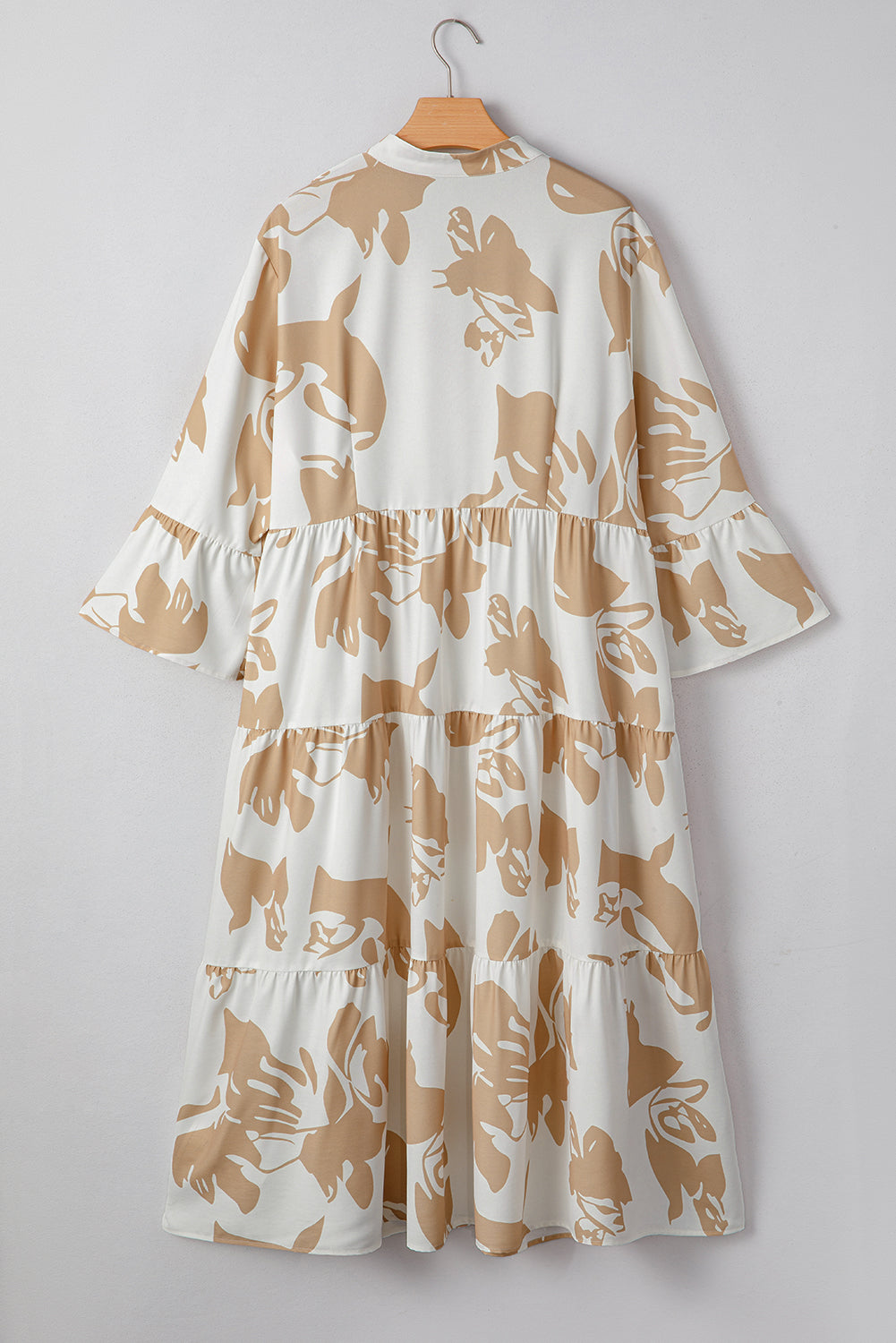 Khaki Patterned Half Placket Tiered A-line Plus Size Long Dress