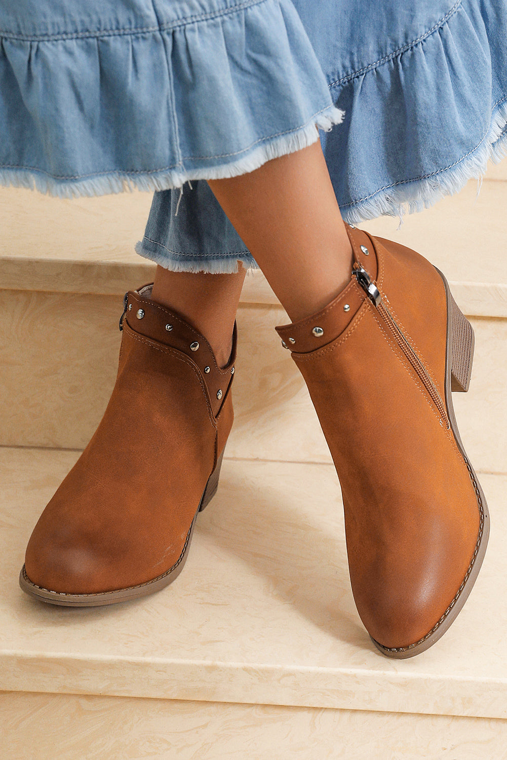 Studded Faux Leather Chunky Heel Ankle Boots