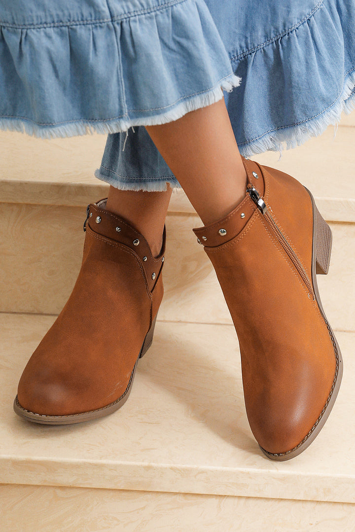 Studded Faux Leather Chunky Heel Ankle Boots