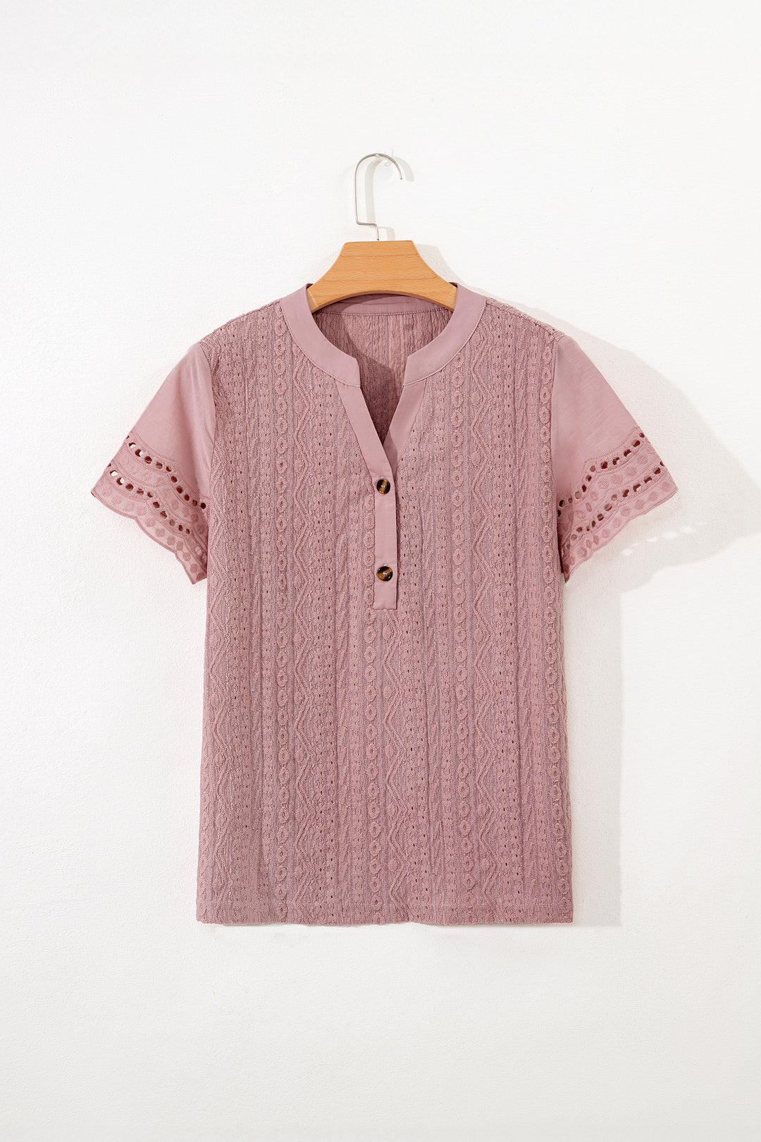 Textured Embroidered Half Buttons Short Sleeve Blouse