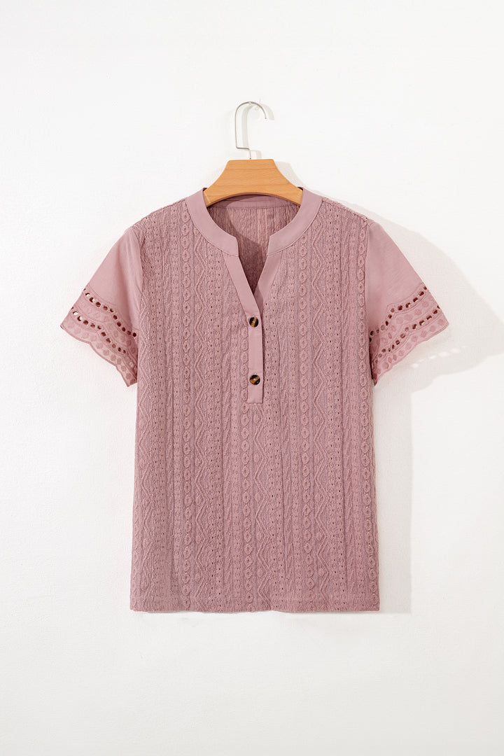Textured Embroidered Half Buttons Short Sleeve Blouse