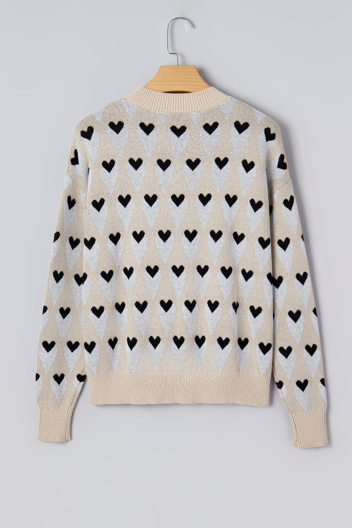 Geometric Heart Print Ribbed Trim Loose Sweater