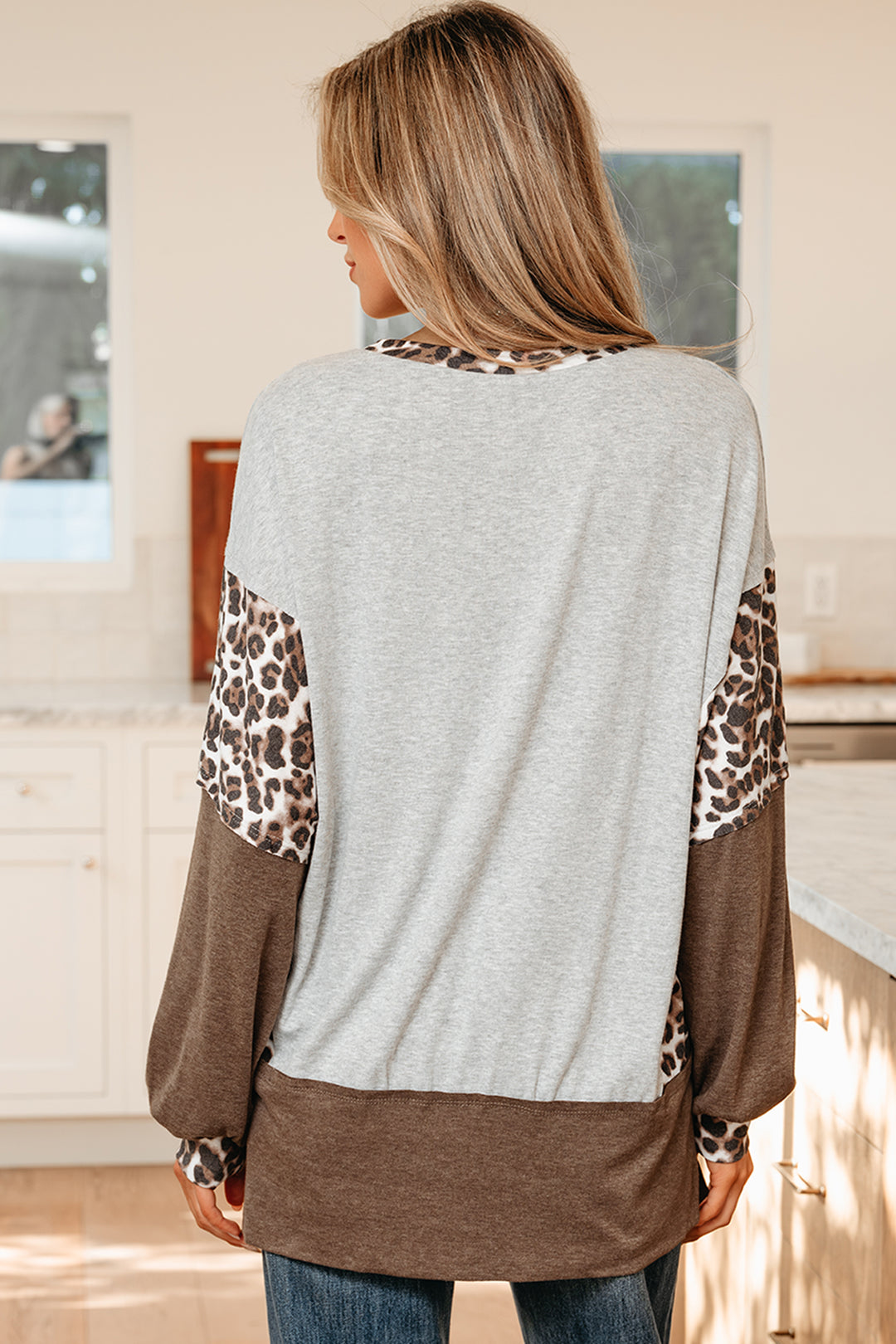 Color Block Leopard Patchwork Dolman Sleeve High Low Baggy Sweatshirt