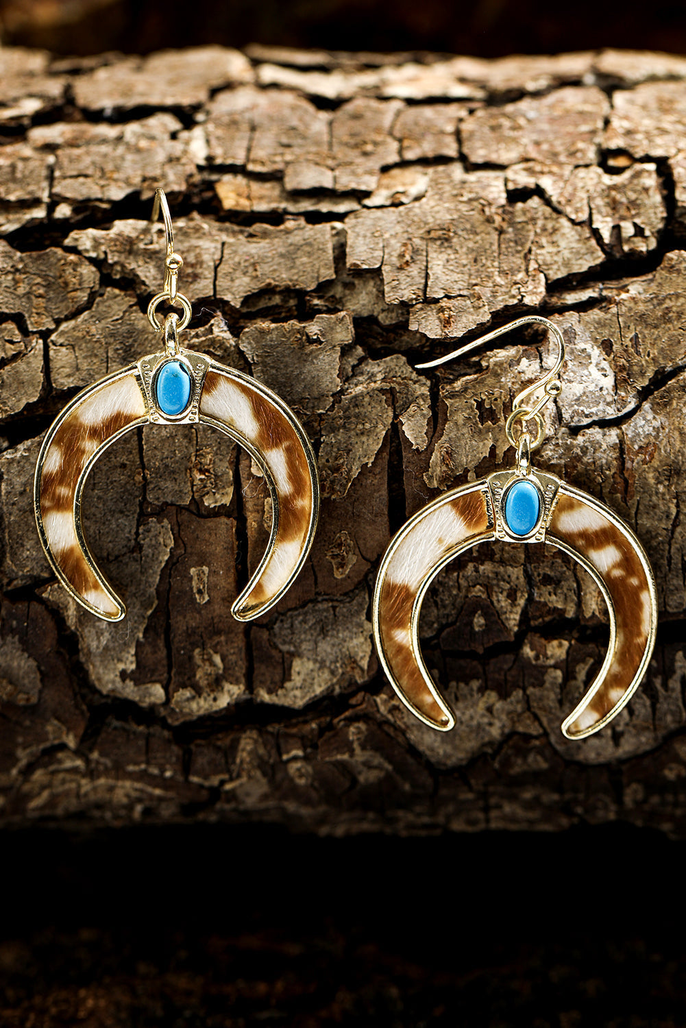 Cow Print Turquoise Inlay Crescent Shaped Dangle Earrings