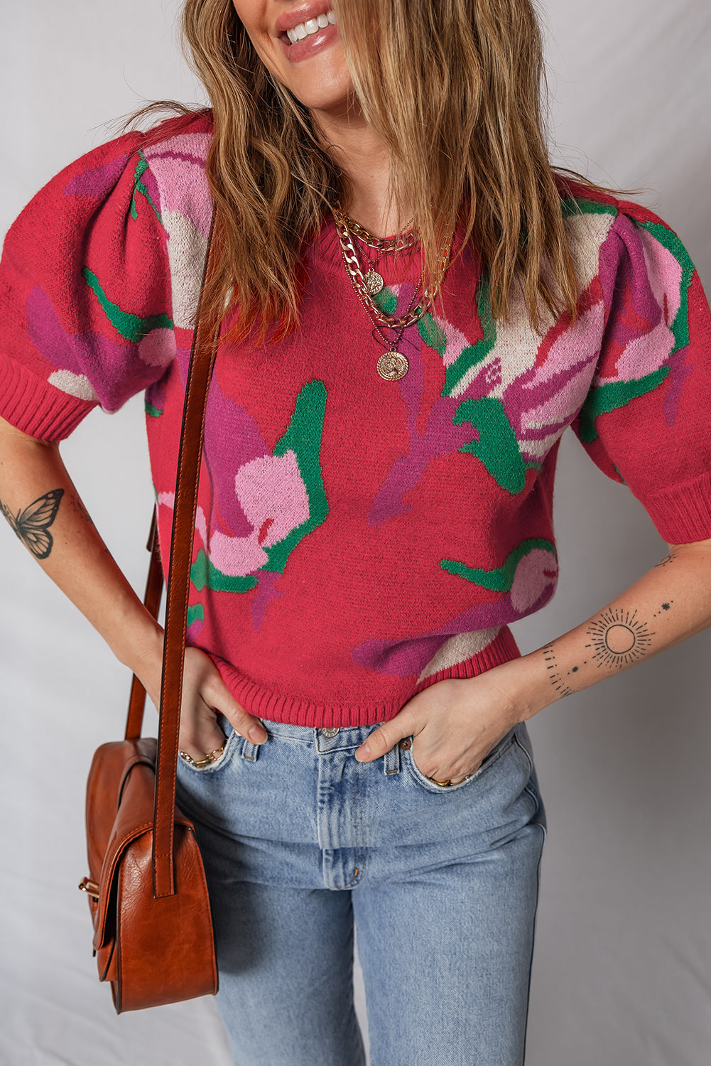 Floral Abstract Print Short Puff Sleeve Sweater