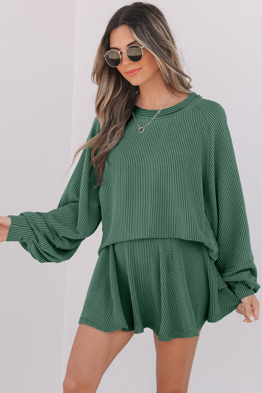 Mist Green Corded Lantern Sleeve Top Ruffled Mini Skort Set