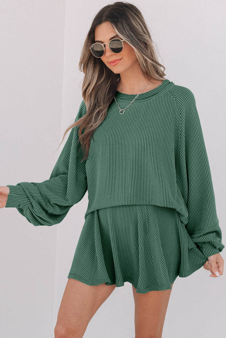 Mist Green Corded Lantern Sleeve Top Ruffled Mini Skort Set